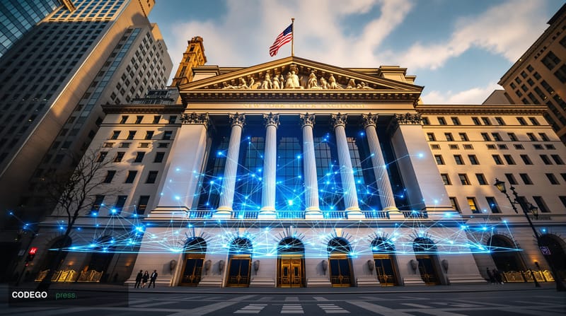 A cinematic editorial photograph of the New York Stock Exchange's iconic neoclassical facade on Wall Street, with warm amber 