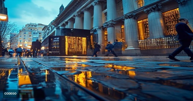 A wide-angle cinematic shot of the iconic New York Stock Exchange building on Wall Street, its neoclassical columns dramatica