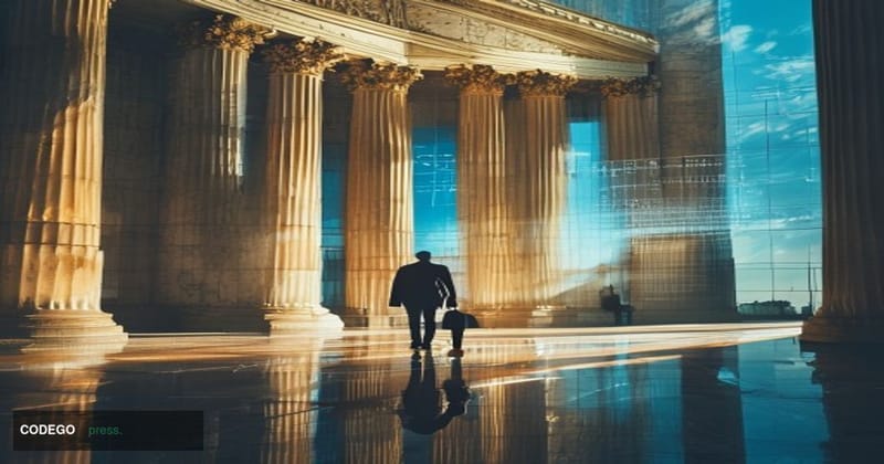 A cinematic editorial photograph set inside a formal Washington D.C. regulatory environment, with the neoclassical marble fac