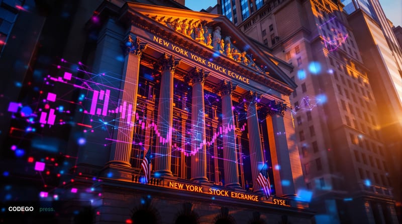 A dramatic editorial photograph of the New York Stock Exchange building facade on Wall Street, captured from a low angle at g