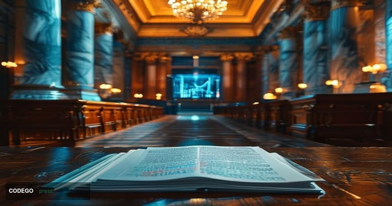 A cinematic editorial photograph of the United States Senate chamber interior, shot from a low angle looking toward the Senat