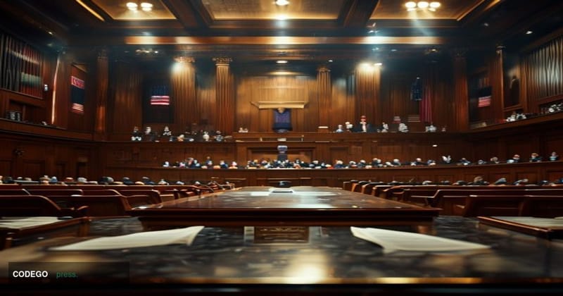 A photorealistic editorial photograph set inside a grand United States Senate hearing chamber, captured from a low-angle pers