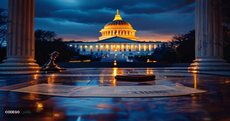 A dramatic wide-angle shot of the United States Capitol building at dusk, captured from the base of the marble steps looking 