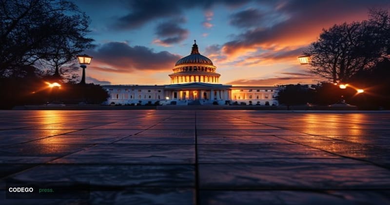 A photorealistic editorial photograph of the United States Capitol building in Washington D.C. captured at dusk, with warm am