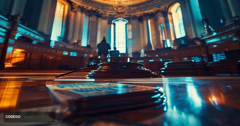 A cinematic editorial photograph of the United States Senate Banking Committee chamber in Washington D.C., captured from a lo