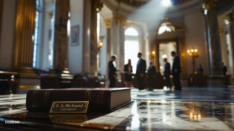 A cinematic editorial photograph set inside a grand Senate chamber corridor in Washington D.C., featuring the ornate neoclass
