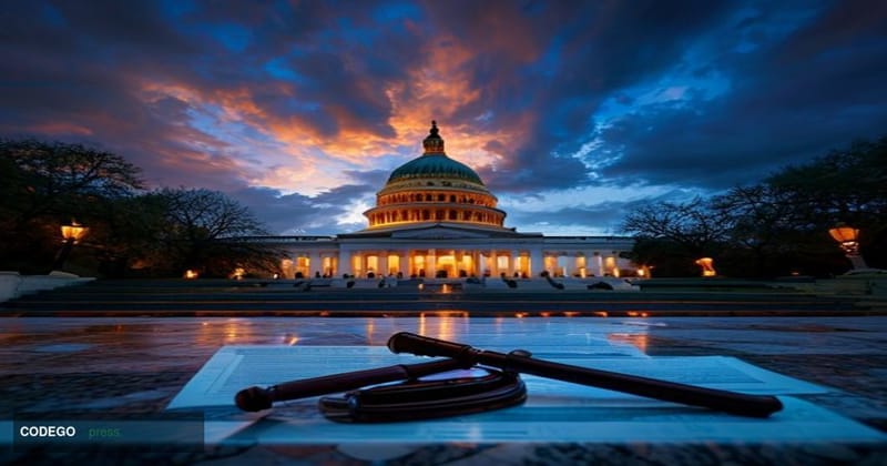 A dramatic low-angle shot of the United States Capitol building dome in Washington D.C. at dusk, with the iconic rotunda silh