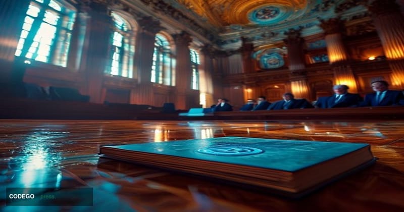 A cinematic editorial photograph taken inside the United States Senate chamber, shot from a low angle looking up toward the o