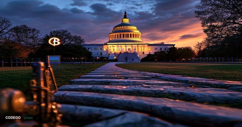 A cinematic editorial photograph of the United States Capitol building in Washington D.C. at dusk, captured from a low-angle 