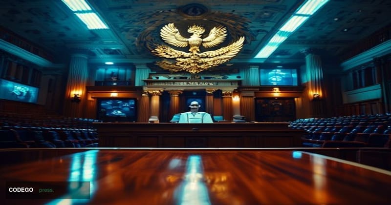 A dramatic cinematic editorial photograph set inside a grand U.S. Senate hearing chamber, captured from a low angle looking t