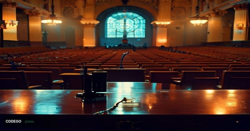 A cinematic editorial photograph set inside a grand Senate hearing room on Capitol Hill, Washington D.C., with dramatic chiar