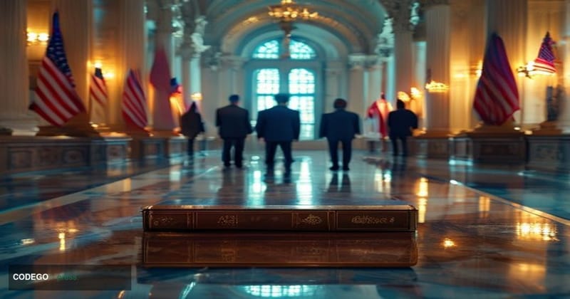 A cinematic editorial photograph shot inside a grand United States Senate chamber corridor, marble columns and American flags