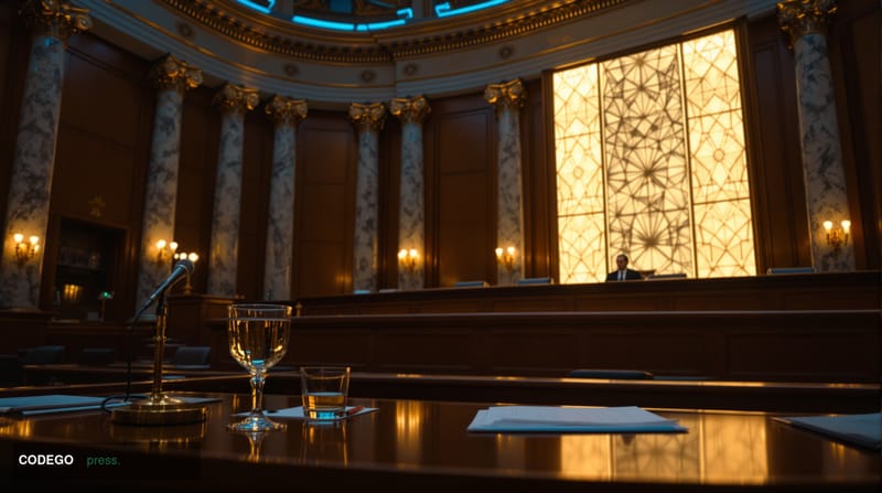 A cinematic editorial photograph set inside a grand US Senate hearing chamber, modeled on the ornate marble-columned interior