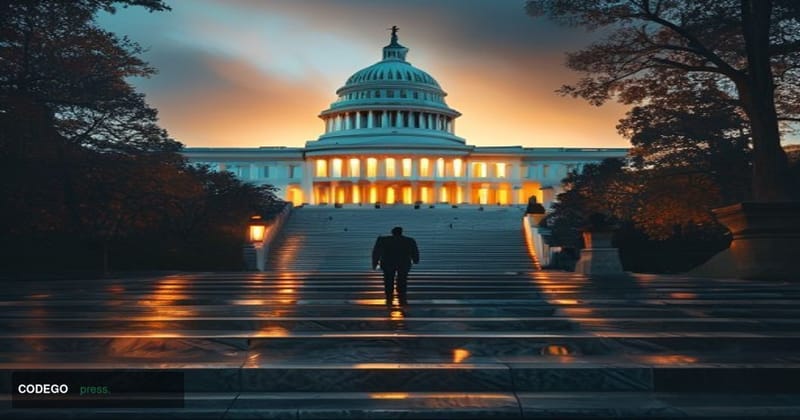 A cinematic editorial photograph of the United States Capitol building in Washington D.C., captured at dusk with dramatic chi
