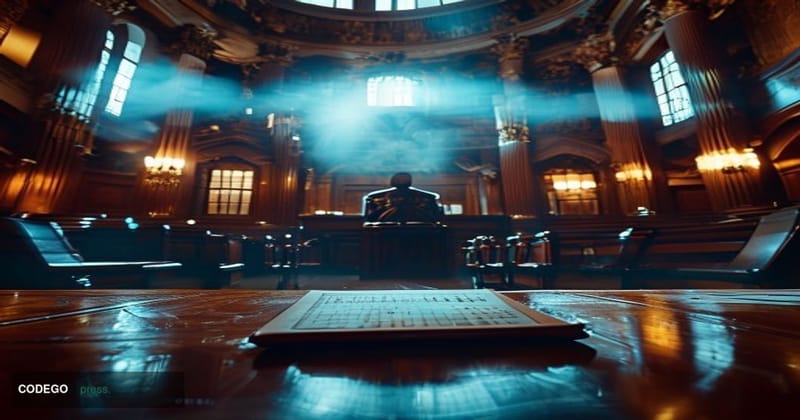 A cinematic editorial photograph set inside the United States Senate chamber, captured from a low-angle perspective looking t