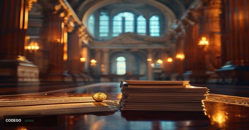 A cinematic editorial photograph set inside a grand United States Senate chamber corridor, shot from a low angle looking up t