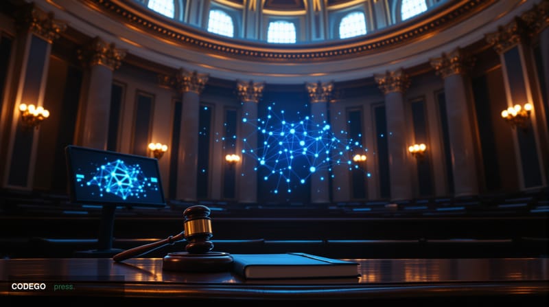 A cinematic editorial photograph set inside the United States Senate chamber in Washington D.C., captured from a low-angle pe