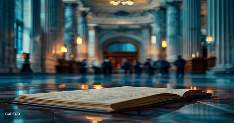 A cinematic editorial photograph shot inside a grand United States Senate chamber corridor, captured at a low angle looking u