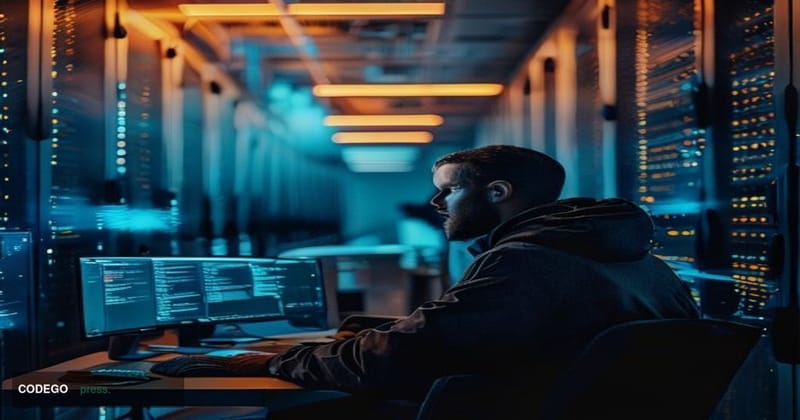 A cinematic editorial photograph set inside a dimly lit enterprise data center, shot from a low-angle perspective looking up 