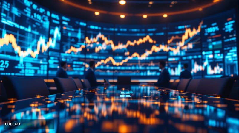 A dramatic cinematic editorial photograph set inside a sleek institutional trading floor at night, with large curved monitors