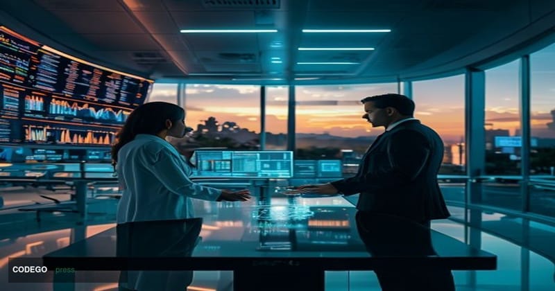 A dramatic cinematic editorial photograph shot inside a modern hospital command center that visually blends with a financial 