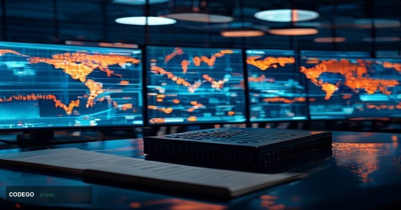A cinematic editorial photograph set in a dimly lit financial compliance operations center, with multiple curved monitors dis
