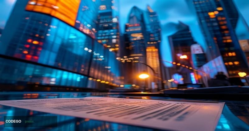 A dramatic cinematic editorial photograph of the Nasdaq MarketSite tower in Times Square, New York City, with its iconic curv