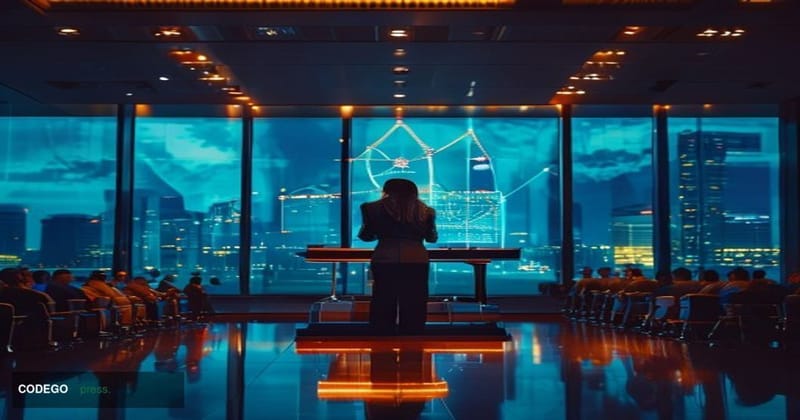 A cinematic editorial photograph set at a modern government conference hall in Singapore, with the iconic Marina Bay skyline 