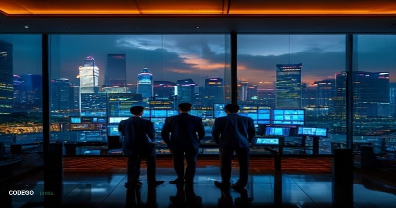 A dramatic cinematic editorial photograph set in Singapore's financial district at dusk, with the iconic skyline of Marina Ba