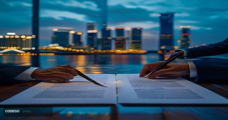 A cinematic editorial photograph set in Singapore's Marina Bay financial district at dusk, with the iconic illuminated skylin
