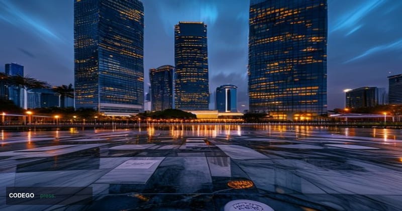 A dramatic cinematic editorial photograph of Singapore's Marina Bay financial district skyline at dusk, with the Monetary Aut