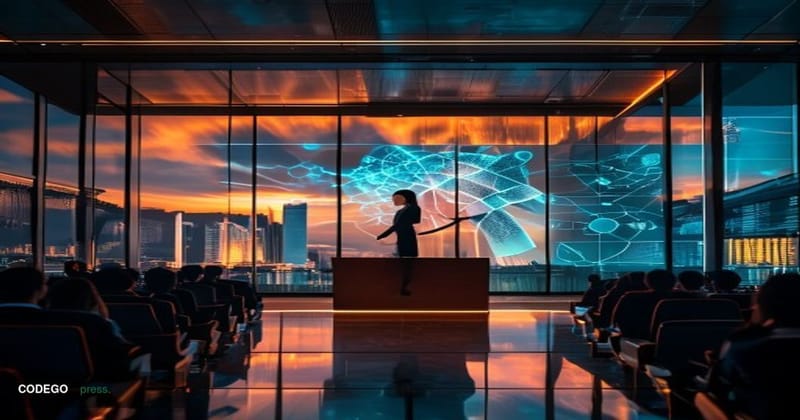 A photorealistic cinematic editorial photograph set inside a modern Singapore government technology conference hall, inspired
