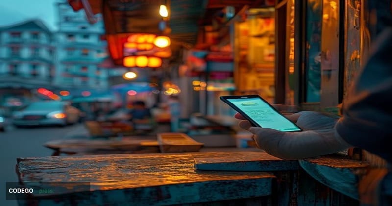 A photorealistic editorial photograph taken at street level in Singapore's bustling Orchard Road or Chinatown hawker centre d