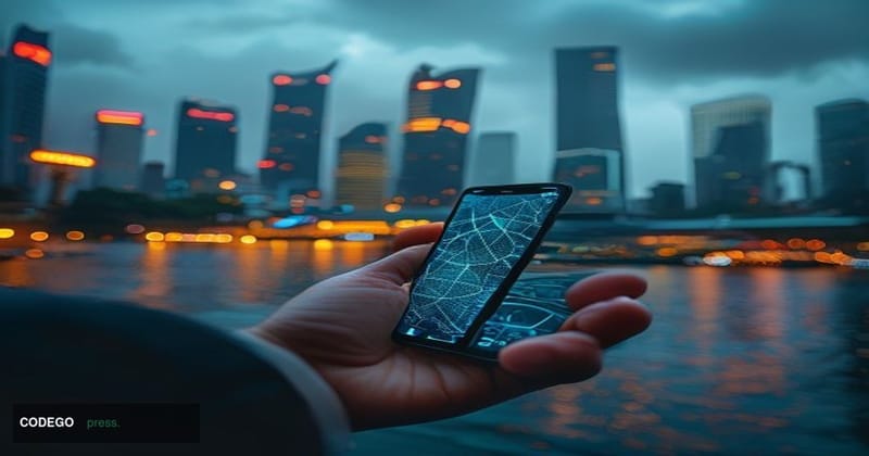 A photorealistic editorial photograph set in Singapore's financial district, with the iconic Marina Bay skyline and the Monet