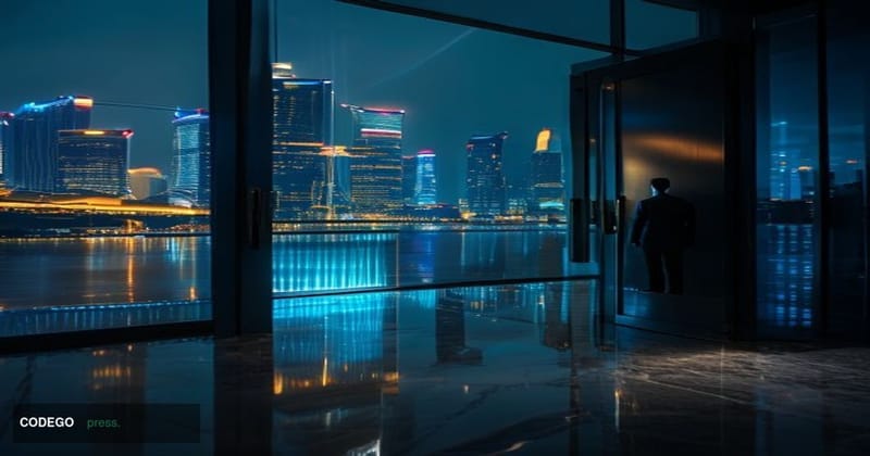 A cinematic editorial photograph set at night in Singapore's central business district, with the iconic Marina Bay Sands and 