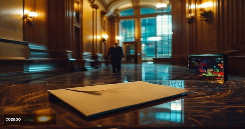 A cinematic editorial photograph set inside a federal courthouse corridor in Sioux Falls, South Dakota, with polished marble 