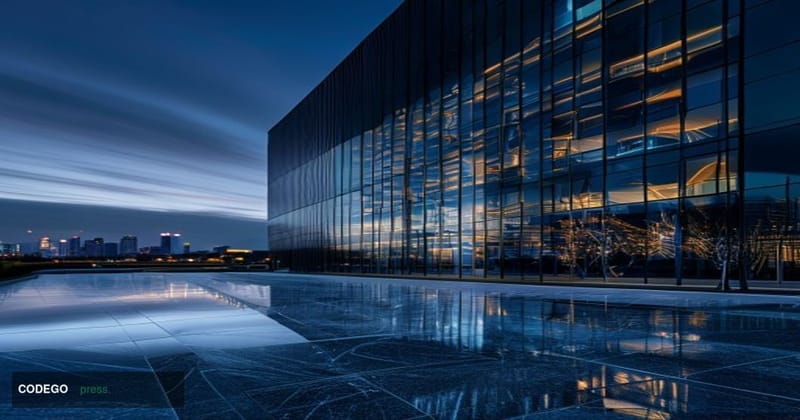 A dramatic low-angle shot of the SK Hynix corporate headquarters in Icheon, South Korea, photographed at dusk with the buildi
