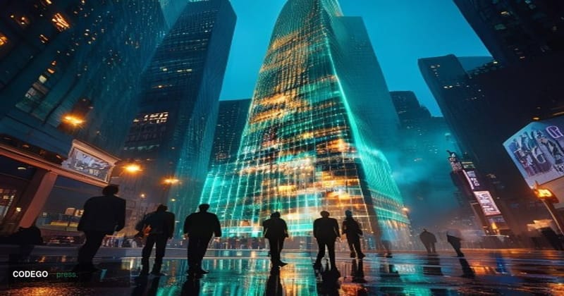 A dramatic cinematic editorial photograph capturing the Nasdaq MarketSite tower in New York City's Times Square, its massive 