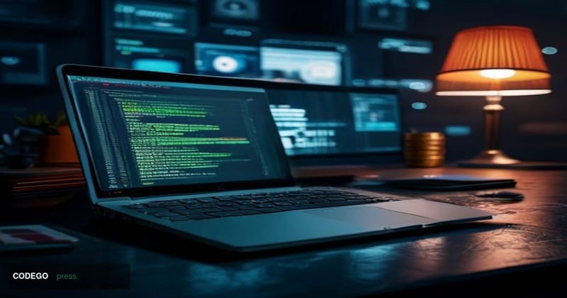 A cinematic editorial photograph shot from a low-angle perspective looking up at a sleek silver MacBook Pro open on a dark ob