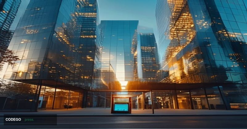 A cinematic editorial photograph shot at ground level looking up at three adjacent modern glass-and-steel corporate office to