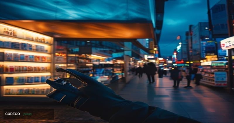 A cinematic editorial photograph of a busy Seven-Eleven convenience store in Tokyo, Japan, shot at dusk from a low angle with