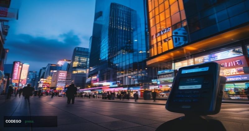 A cinematic editorial photograph set in Tokyo's financial district at dusk, with the iconic SoftBank corporate headquarters b