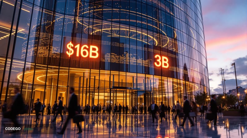 A cinematic editorial photograph of a gleaming, modern financial district at dusk, with a large digital ticker display promin