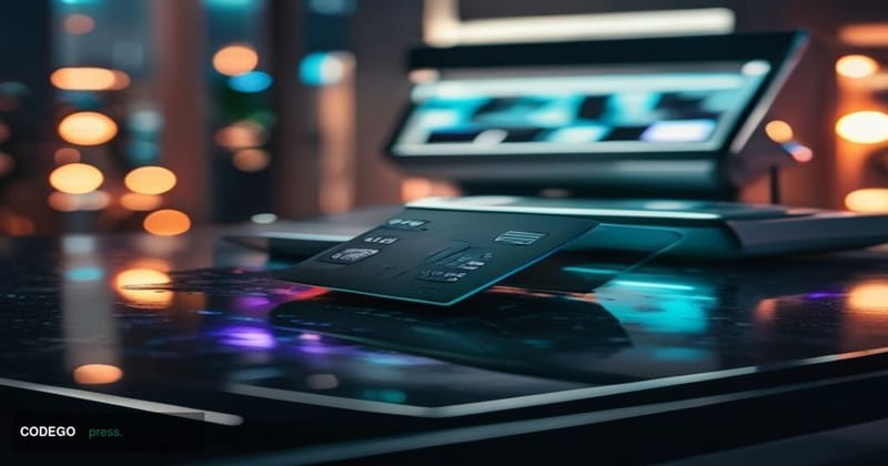 A cinematic editorial photograph centered on a sleek, futuristic black payment card resting on a polished obsidian surface, t