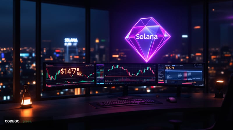 A cinematic editorial photograph centered on a glowing holographic Solana logo (the distinctive gradient purple-to-green diam