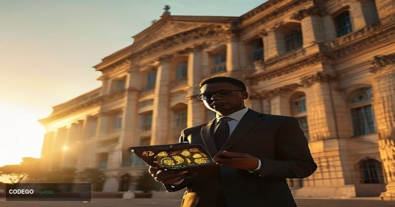 A cinematic editorial photograph set in Pretoria, South Africa, featuring the imposing neoclassical façade of a government re