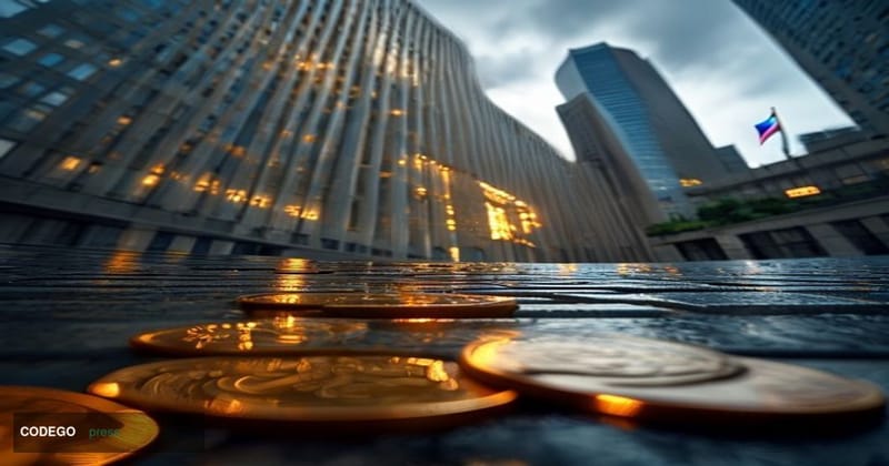 A photorealistic editorial photograph set in Johannesburg's financial district, featuring the imposing modernist facade of th