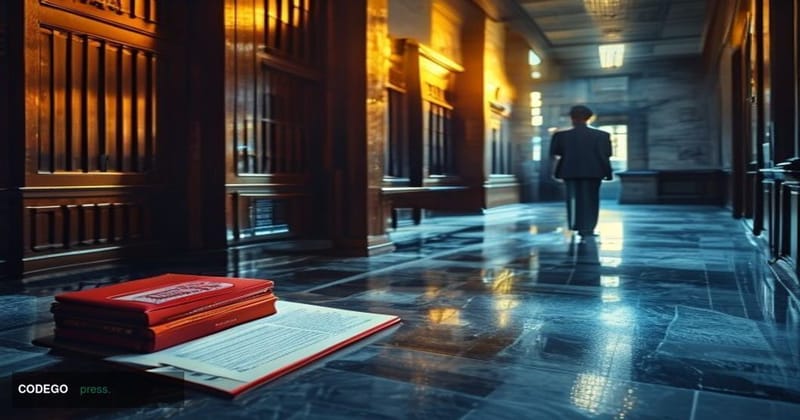 A dramatic cinematic editorial photograph set inside a austere federal courthouse corridor in South Dakota, with cold grey ma