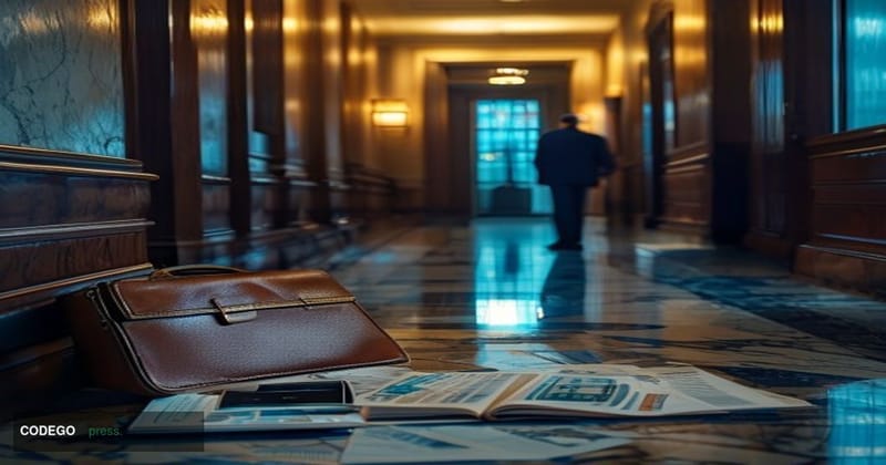 A cinematic editorial photograph set inside a federal courthouse corridor in the United States Midwest, with dramatic chiaros