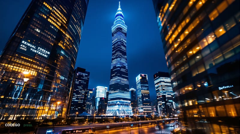 A dramatic cinematic aerial photograph of the Seoul financial district at night, with the iconic Lotte World Tower and surrou